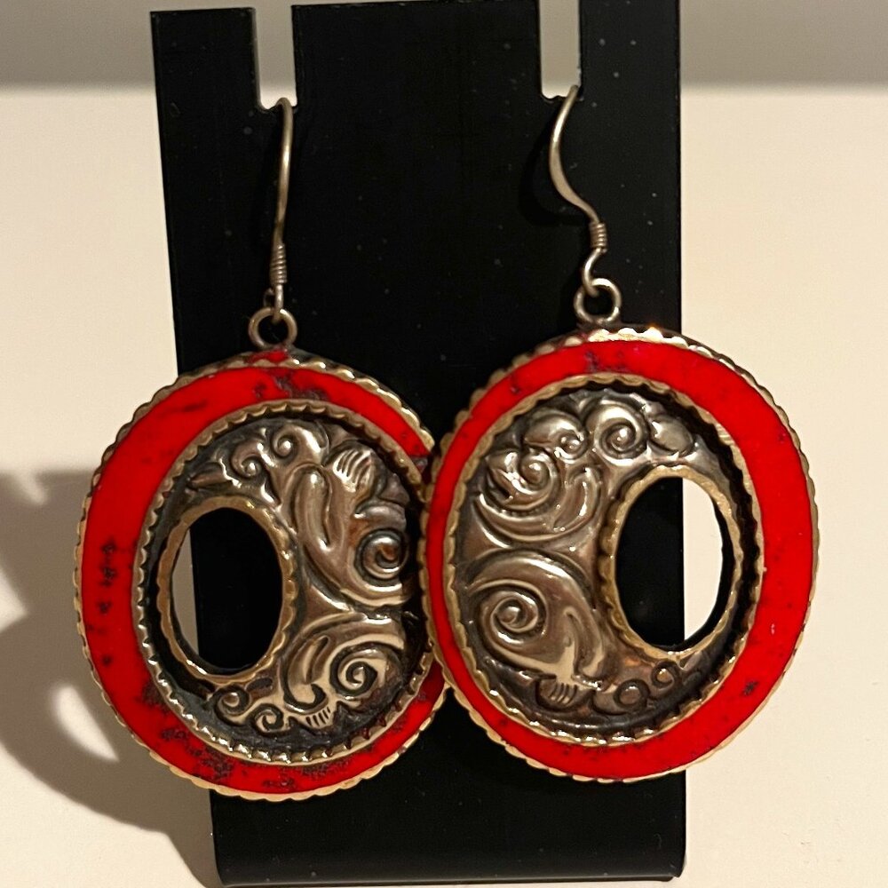 Vintage Boho Dangling Earrings.  2" drop.  Silver with Orange Enamel.  Like New.